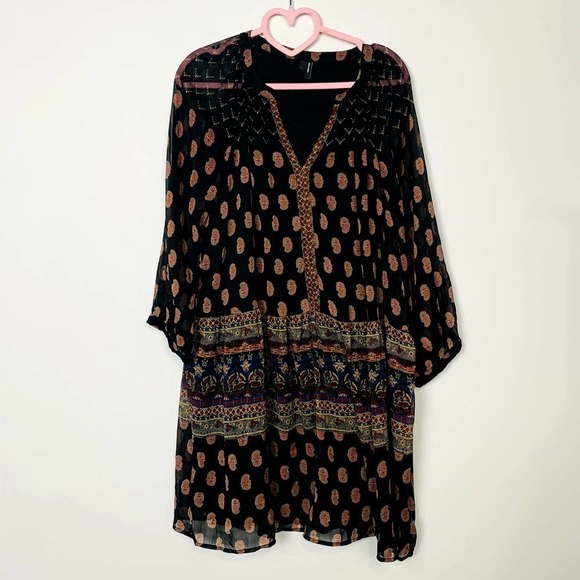 Vero Moda Mix Print Paisley 3/4 Sleeve Sheer Mini Smock Dress Multicolor Large - Picture 2 of 12